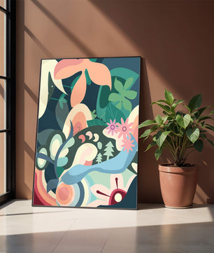 Abstract botanical artwork with vibrant colors and natural elements
