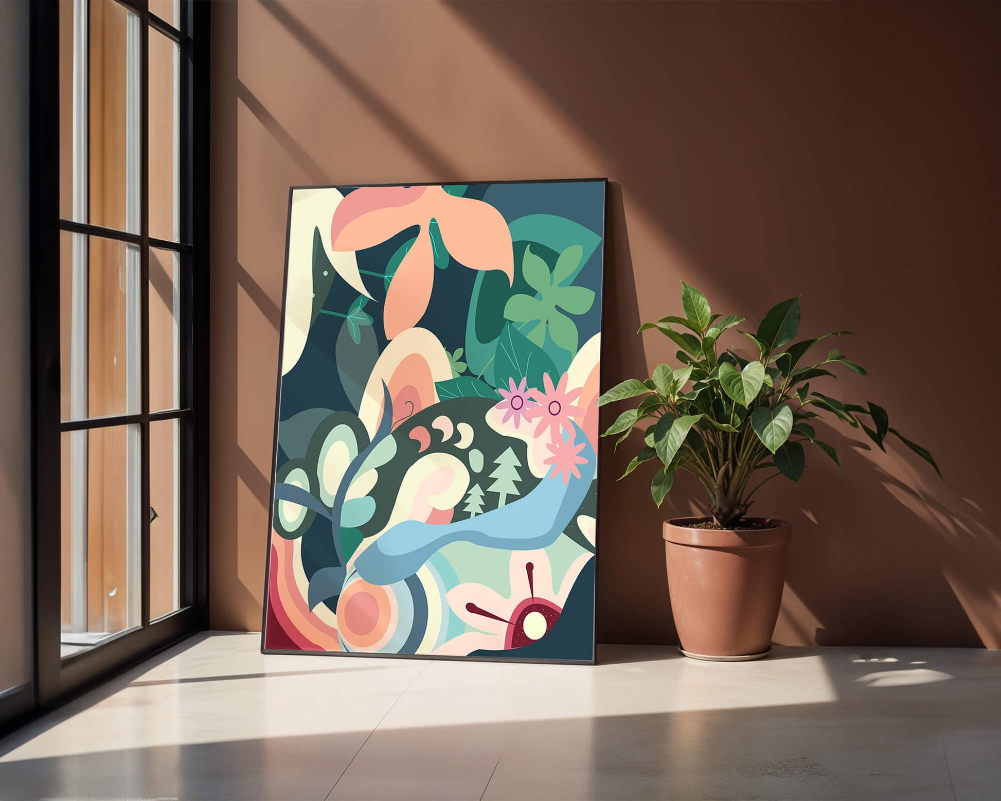 Abstract botanical artwork with vibrant colors and natural elements