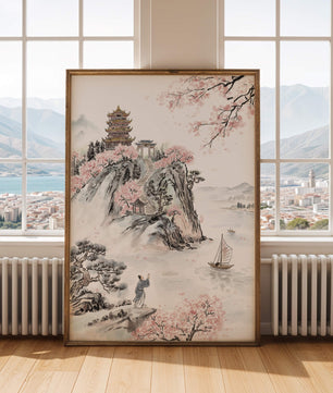 Tranquil Landscape with Cherry Blossoms and Traditional Pagoda
