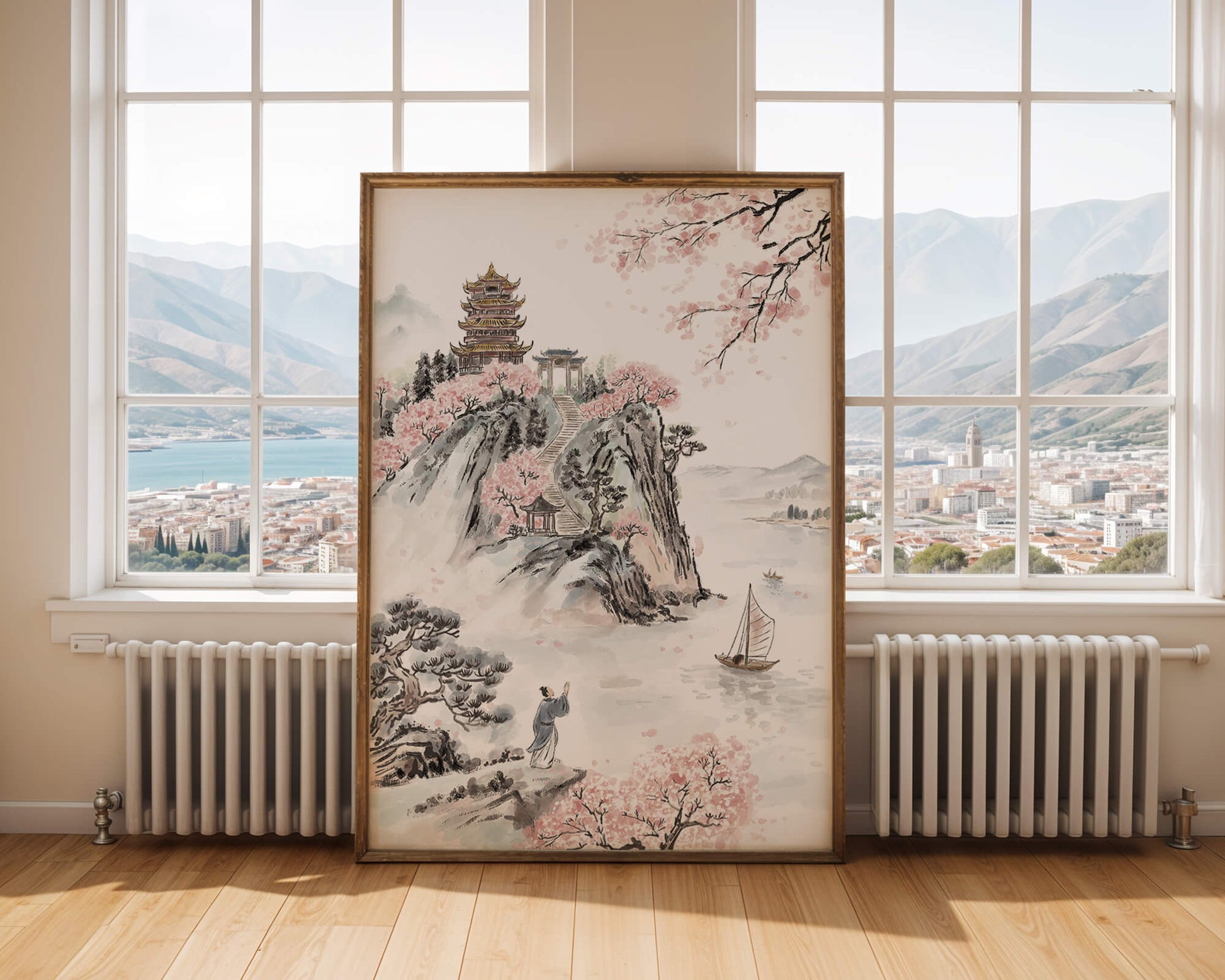 Tranquil Landscape with Cherry Blossoms and Traditional Pagoda
