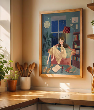 Cozy Nighttime Reading in a Living Room with Moonlit Window