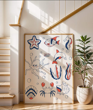 Colorful marine life illustration featuring sea creatures on a dark background