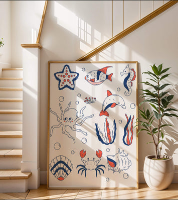 Colorful marine life illustration featuring sea creatures on a dark background