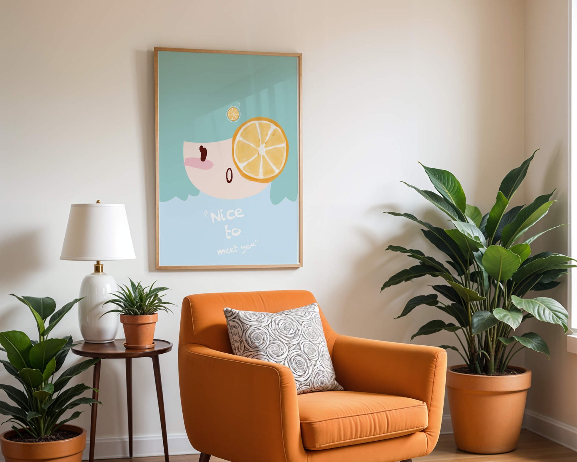 Playful Illustration of a Cartoon Face with Citrus Accent