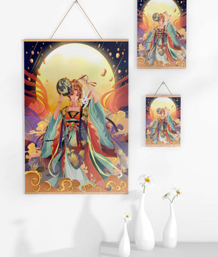 Elegant fantasy illustration with celestial elements and rabbit