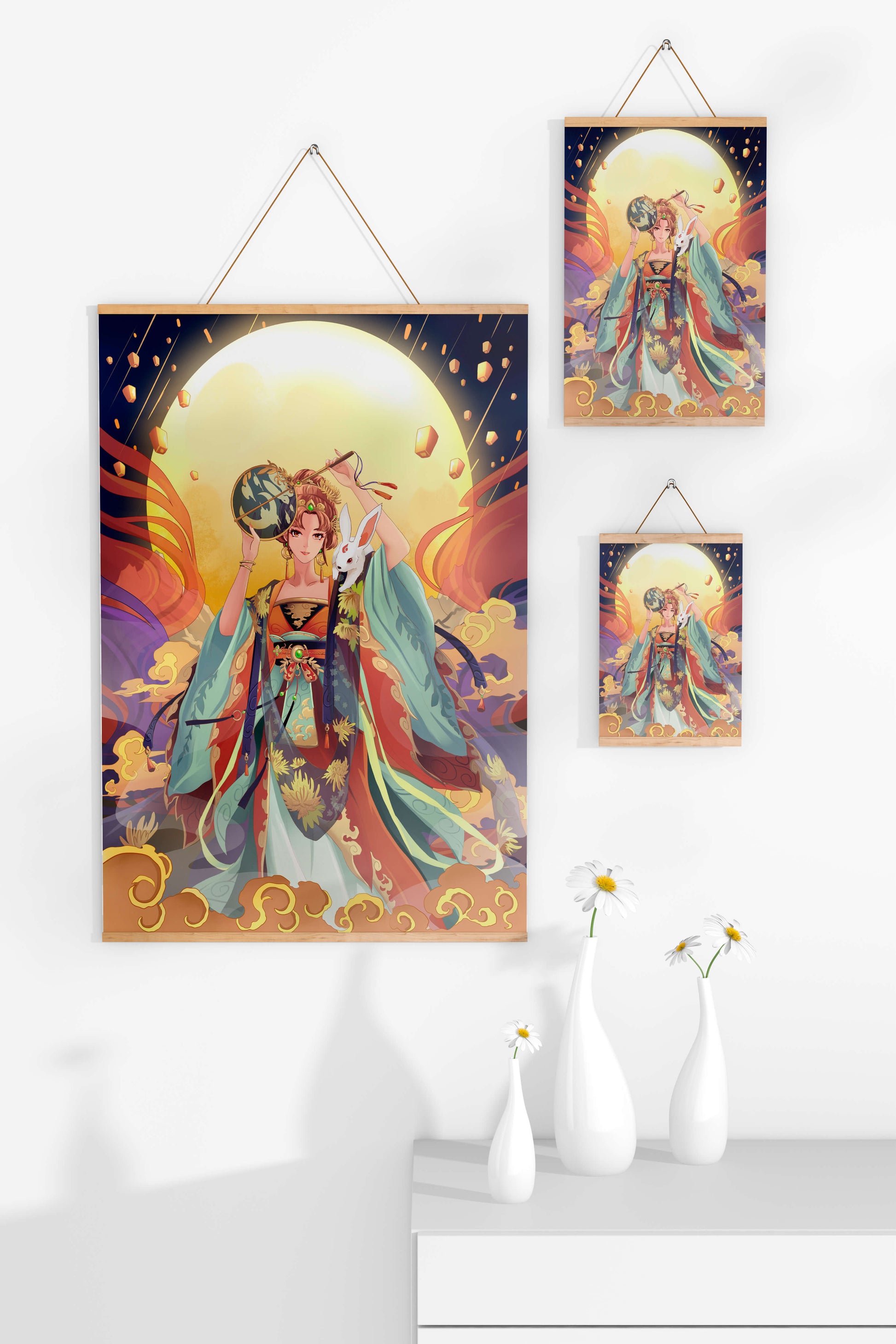 Elegant fantasy illustration with celestial elements and rabbit