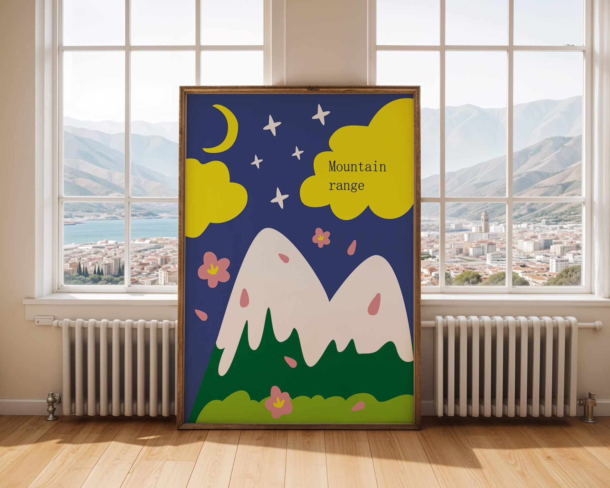 Stylized mountain landscape with starry night background and vibrant clouds
