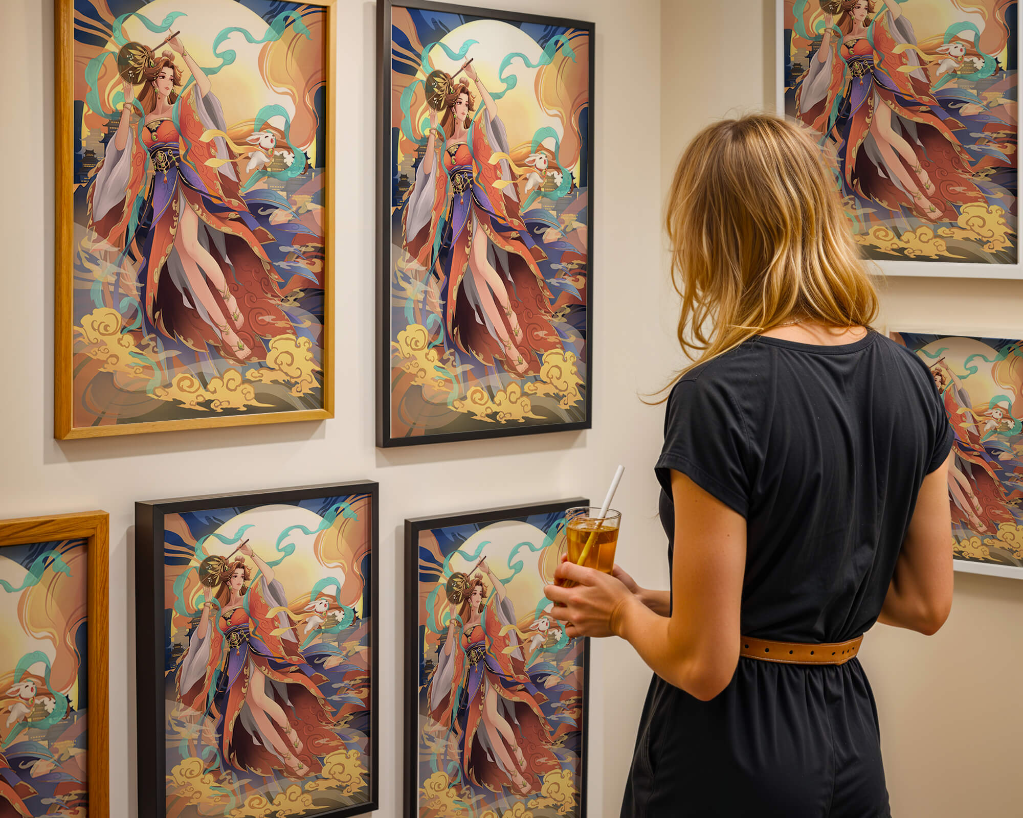 Elegant goddess with flowing robes against a mystical backdrop
