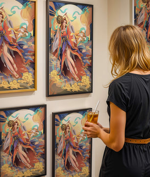 Elegant goddess with flowing robes against a mystical backdrop