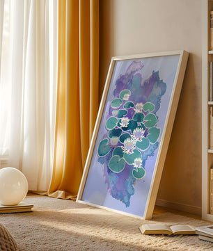 Serene aquatic scene with water lilies on abstract colorful background