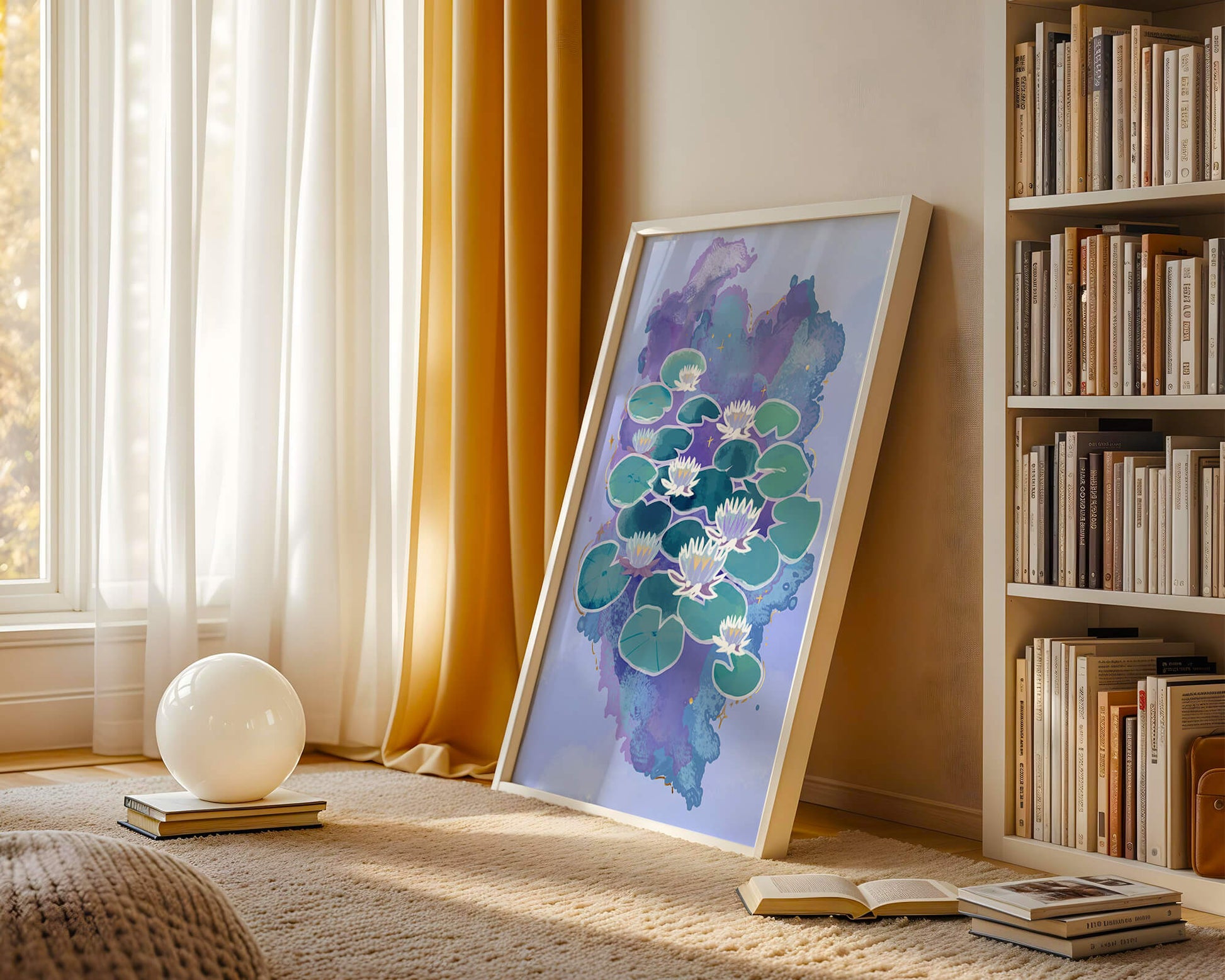 Serene aquatic scene with water lilies on abstract colorful background