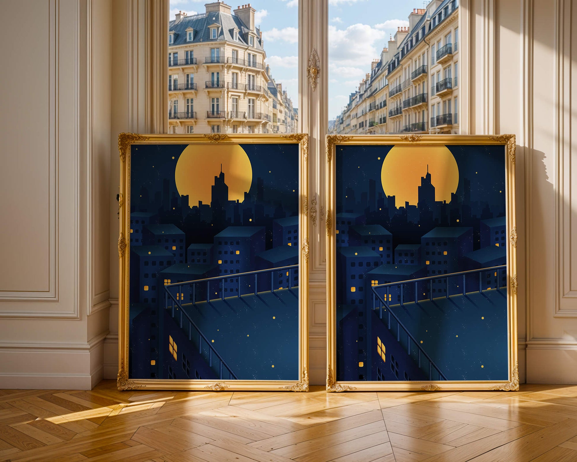 City Rooftop at Night with Illuminated Windows and Full Moon