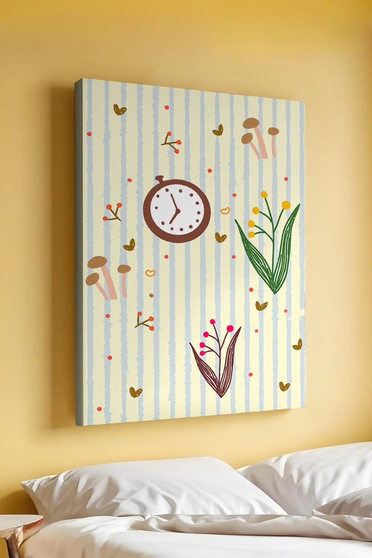 Whimsical pattern with clock, mushrooms, and florals on striped background
