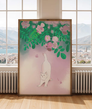 White cat stretching beneath blooming flowers in a pastel garden setting