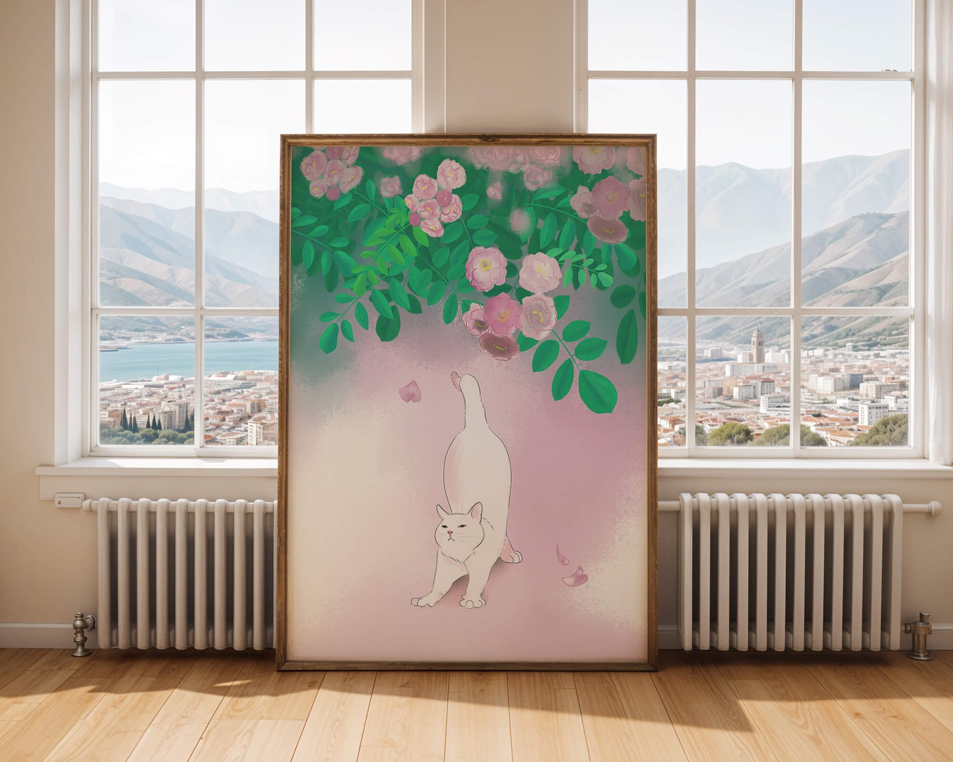 White cat stretching beneath blooming flowers in a pastel garden setting