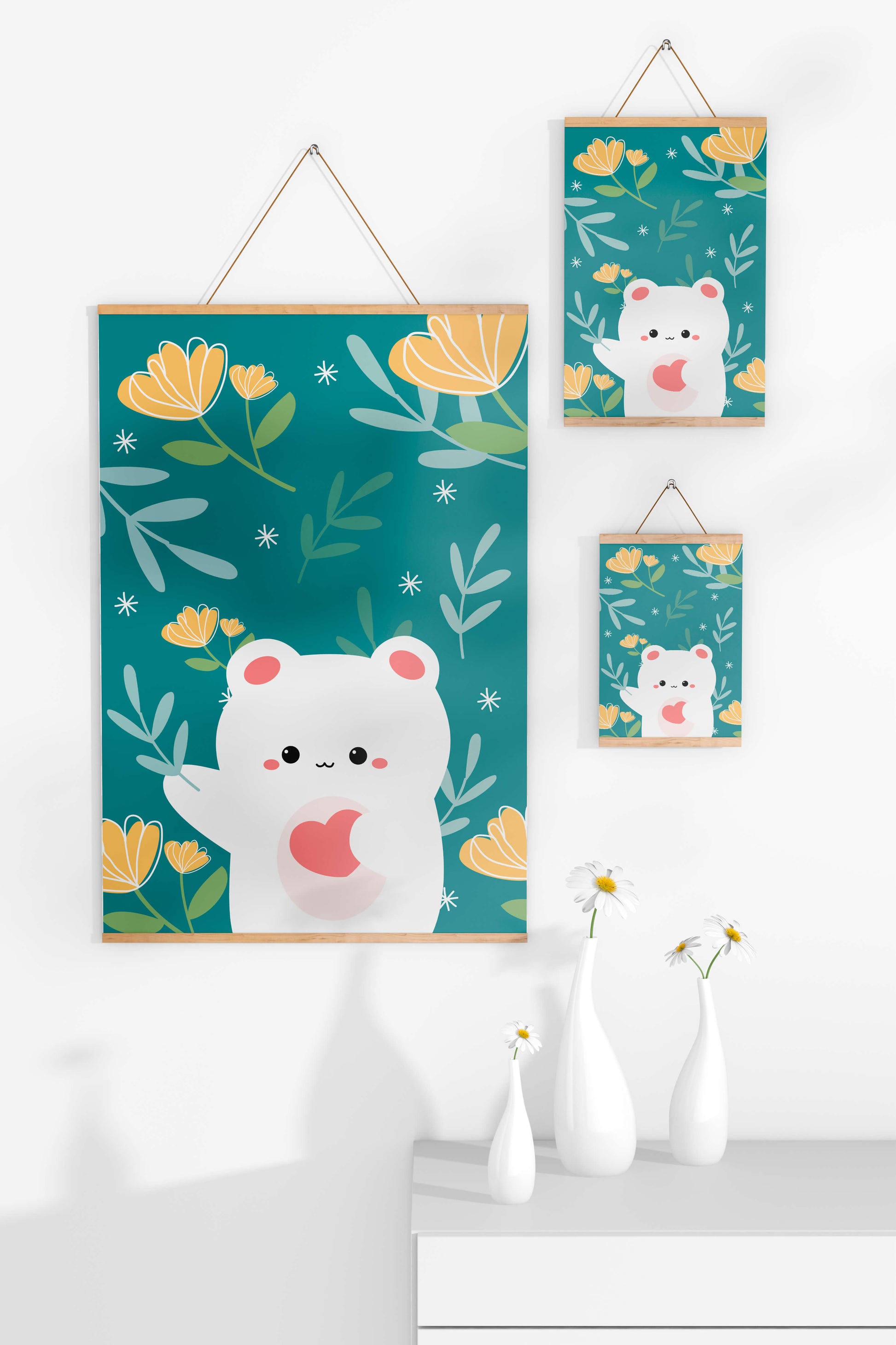 Adorable bear with heart surrounded by whimsical floral elements