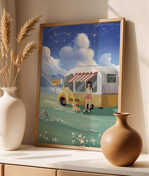 Girl with dog by camper van in serene nature setting