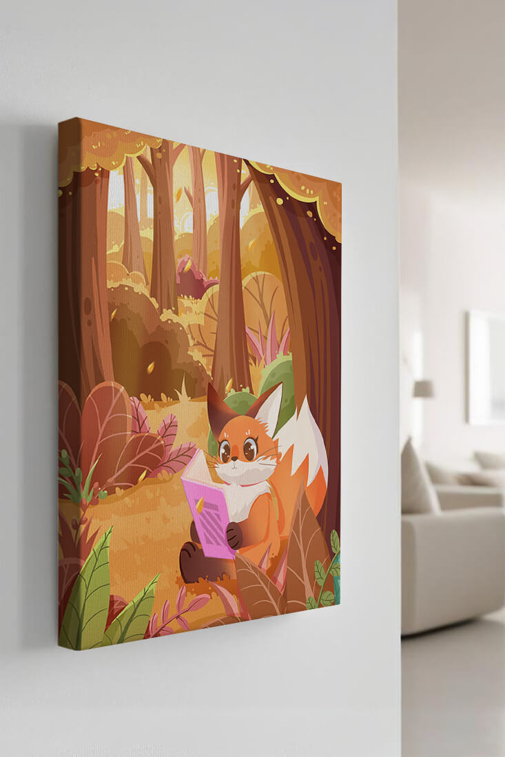 Fox reading a book in a whimsical autumn forest