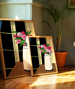 Abstract illustration of flowers in a vase on a wooden table