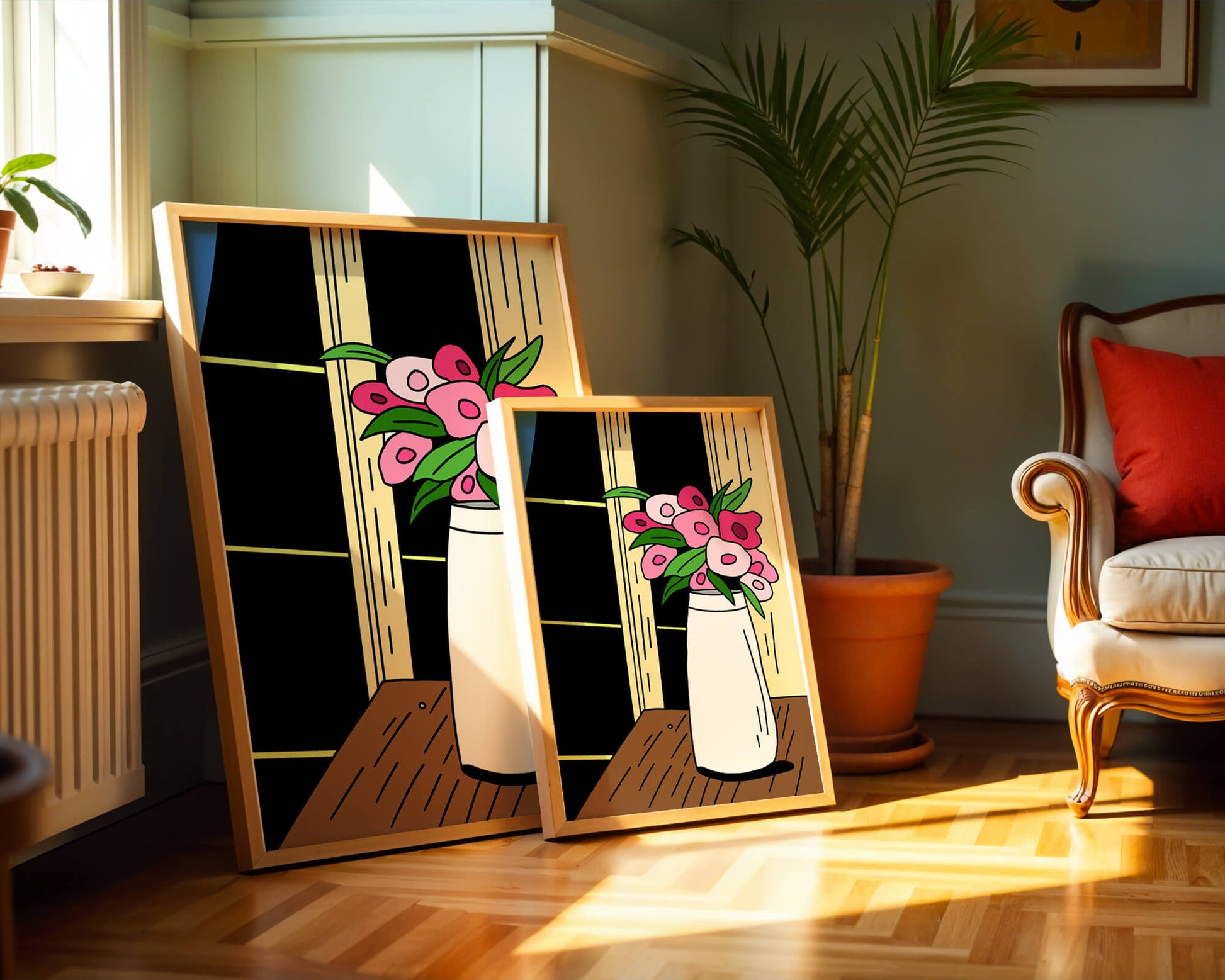Abstract illustration of flowers in a vase on a wooden table