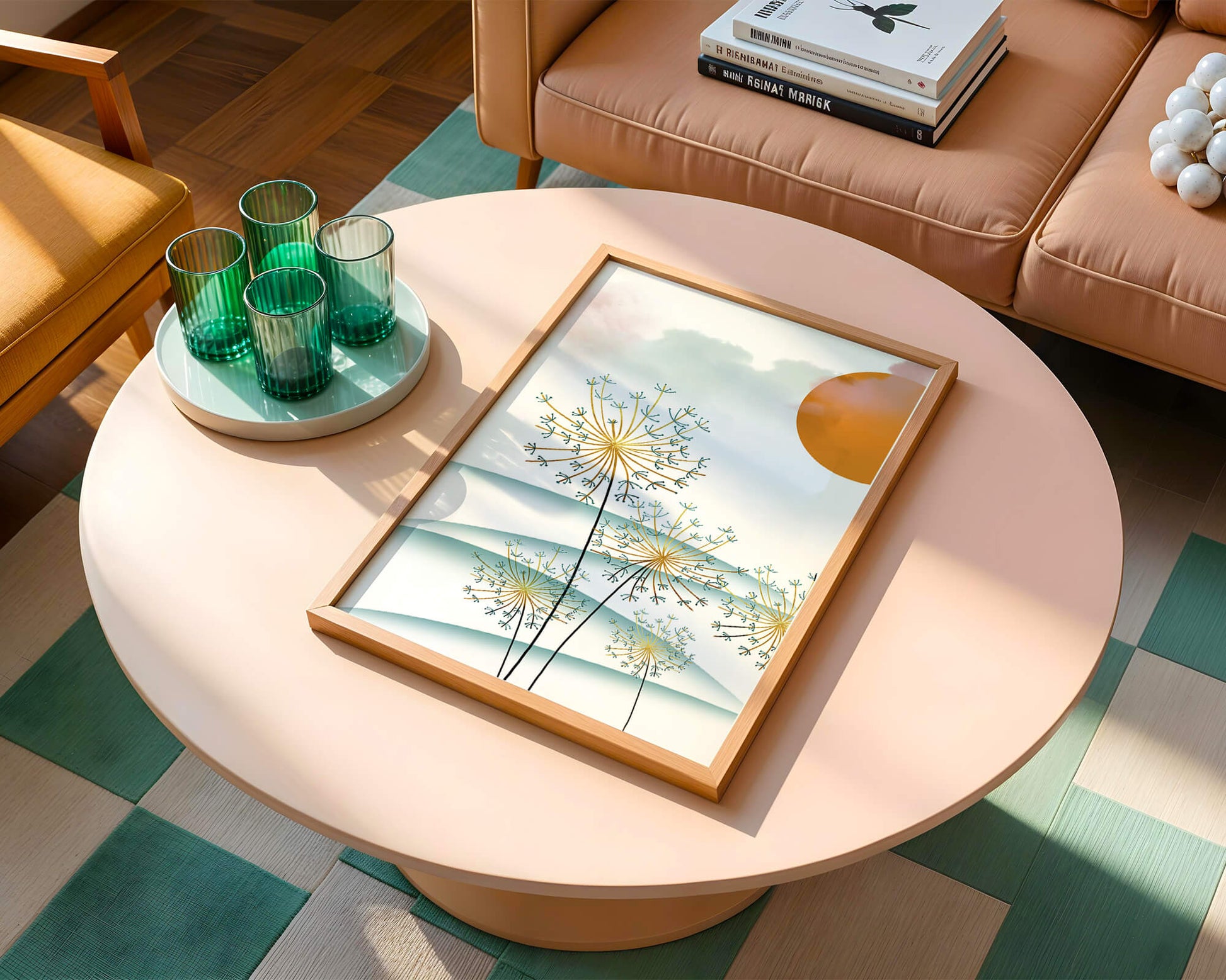 Abstrakte Landschaft mit Löwenzahn und orangefarbener Sonne