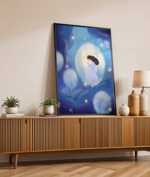 Dreamlike night sky with a girl on a moon enveloped by stars and balloons