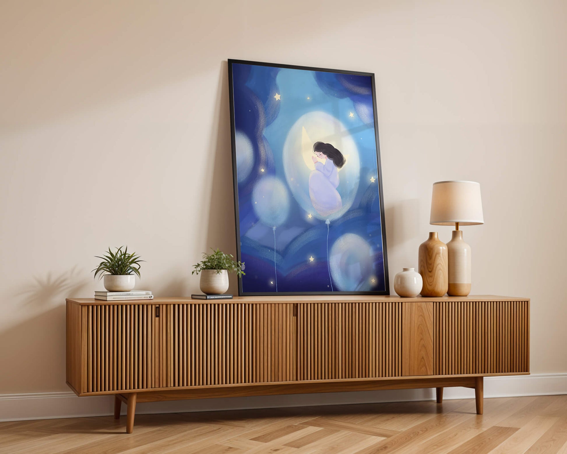 Dreamlike night sky with a girl on a moon enveloped by stars and balloons