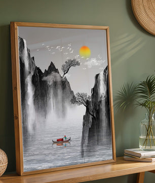 Paisaje sereno con montañas, río y un bote bajo el sol