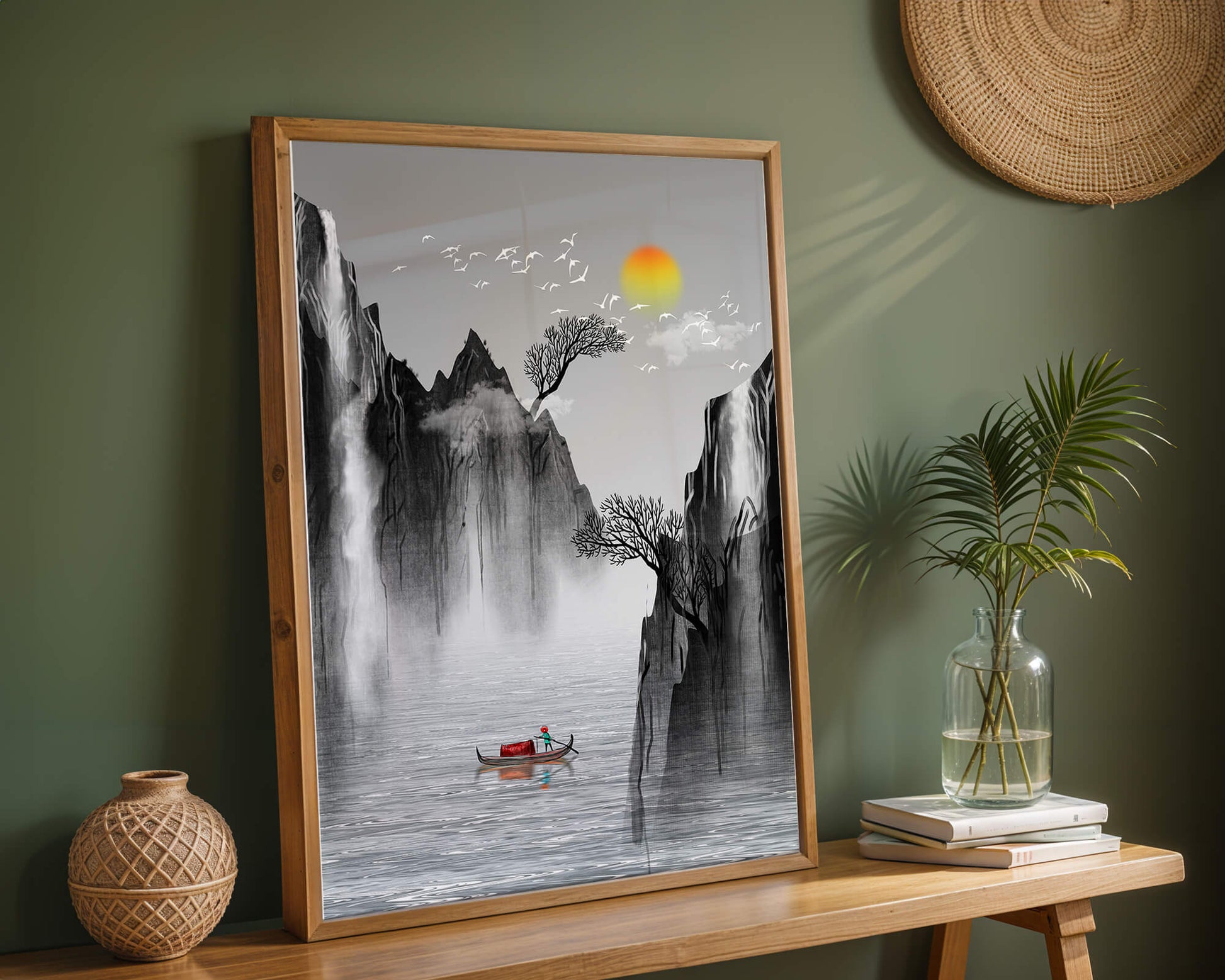 Serene landscape with mountains, river, and a boat under the sun