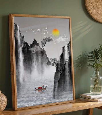 Serene landscape with mountains, river, and a boat under the sun