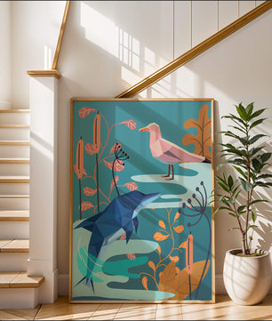 Geometric Dolphin and Seagull with Floral Elements in Abstract Nature