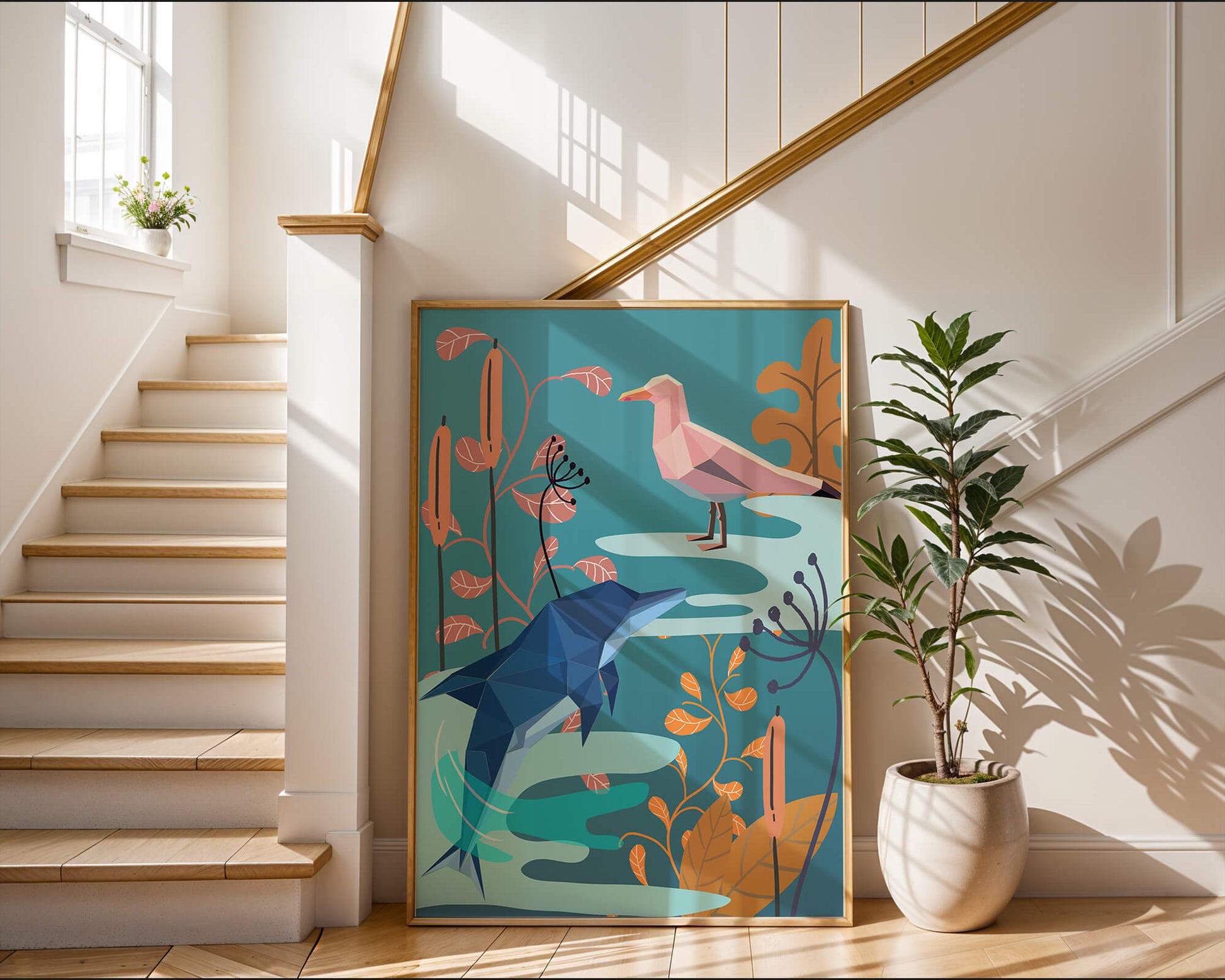 Geometric Dolphin and Seagull with Floral Elements in Abstract Nature