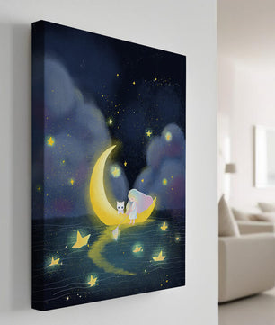 Whimsical night scene with child and cat on crescent moon