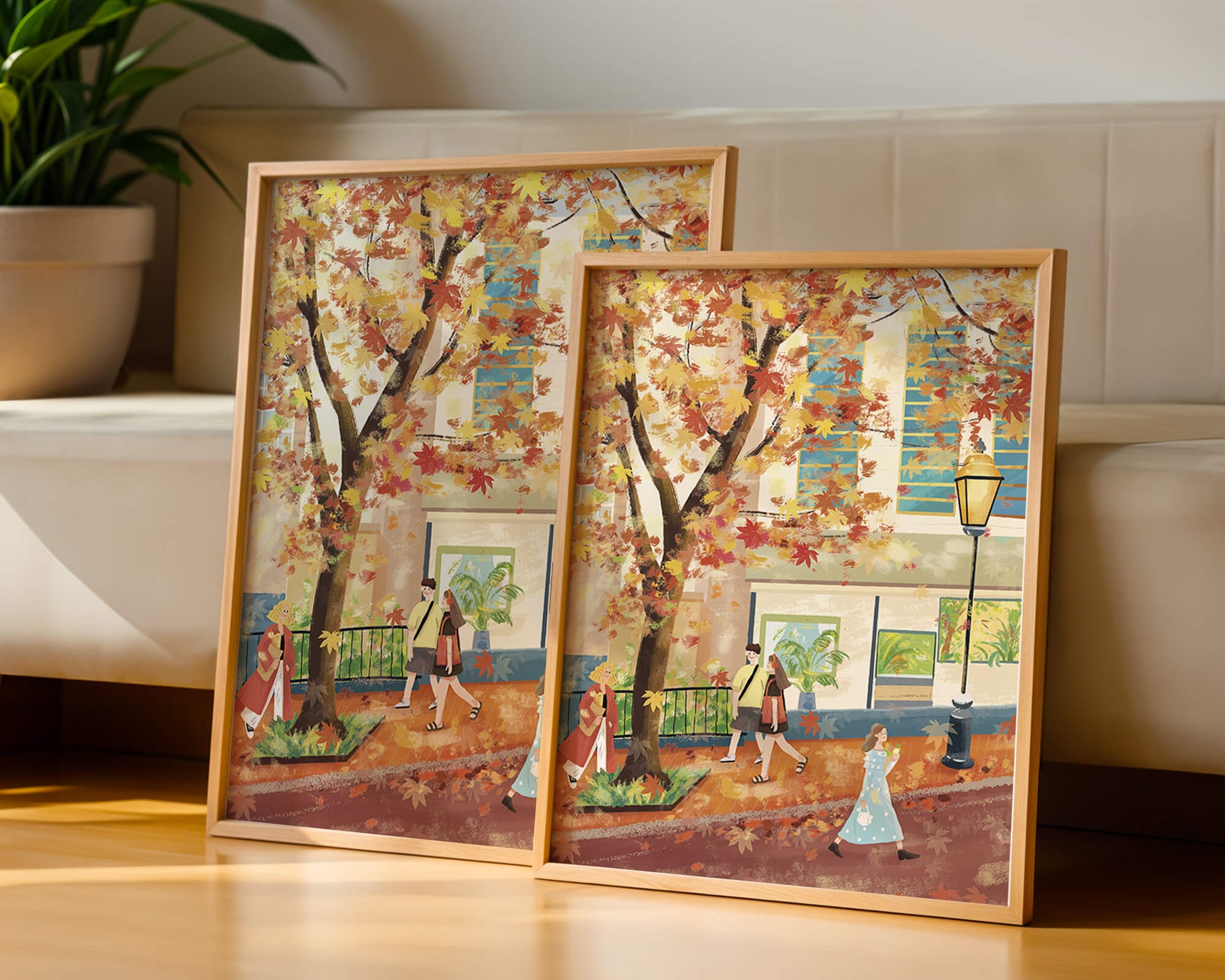 Calle de la ciudad en otoño con hojas coloridas y personas caminando