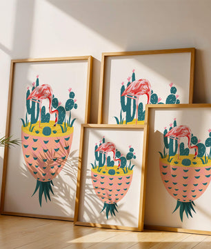 Flamingo with Cacti in Pineapple Vase Illustration