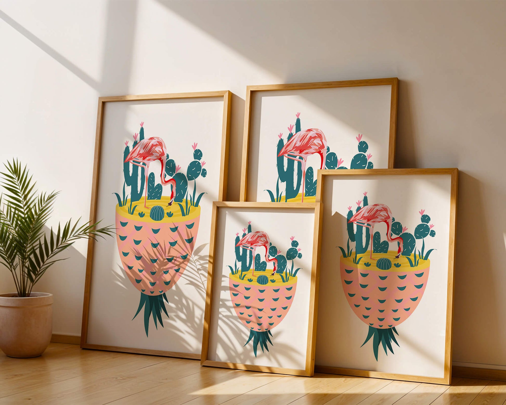 Ilustración de flamenco con cactus en jarrón de piña