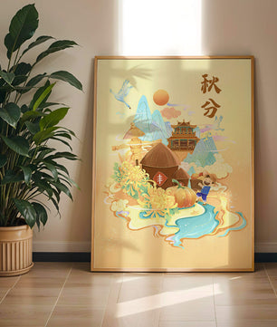 Charming autumn scene with traditional elements and nature motifs