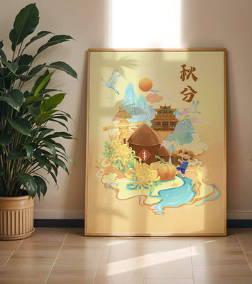 Charming autumn scene with traditional elements and nature motifs