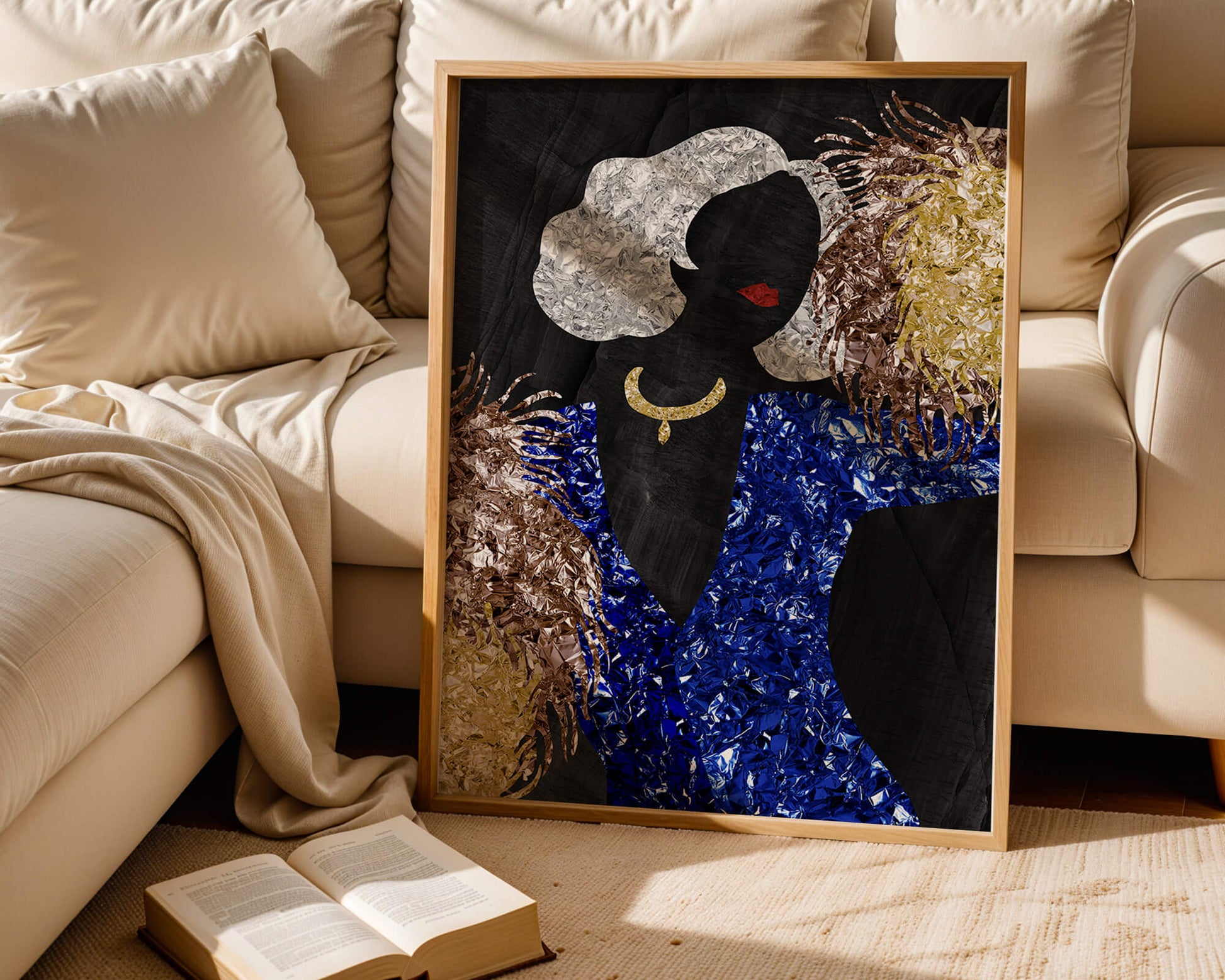 Abstract art with colorful foil textures and silhouette