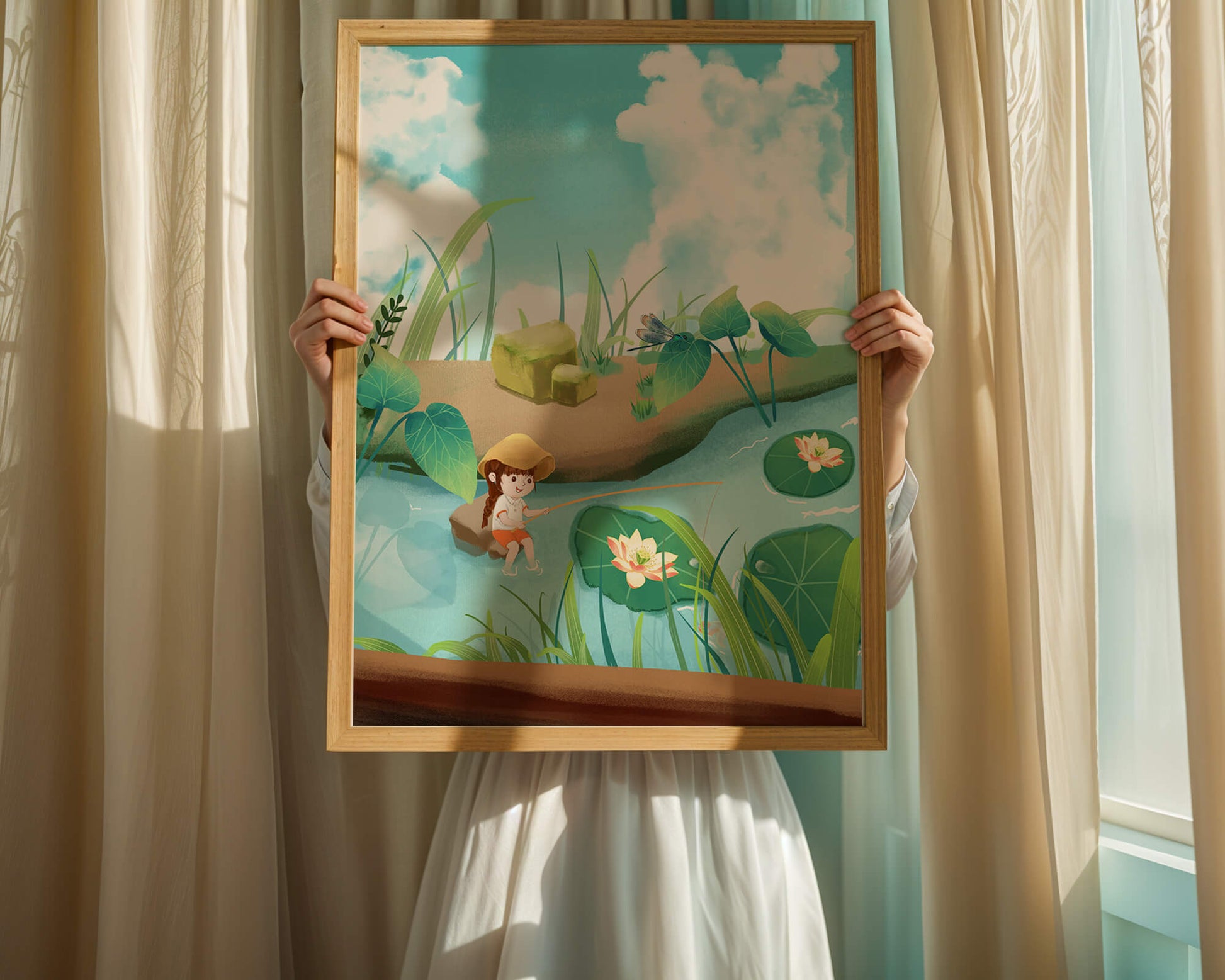 Ruhige Illustration eines Kindes, das an einem Teich mit Seerosen angelt