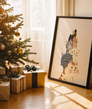 Stack of adorable cartoon cats with diverse patterns and colors