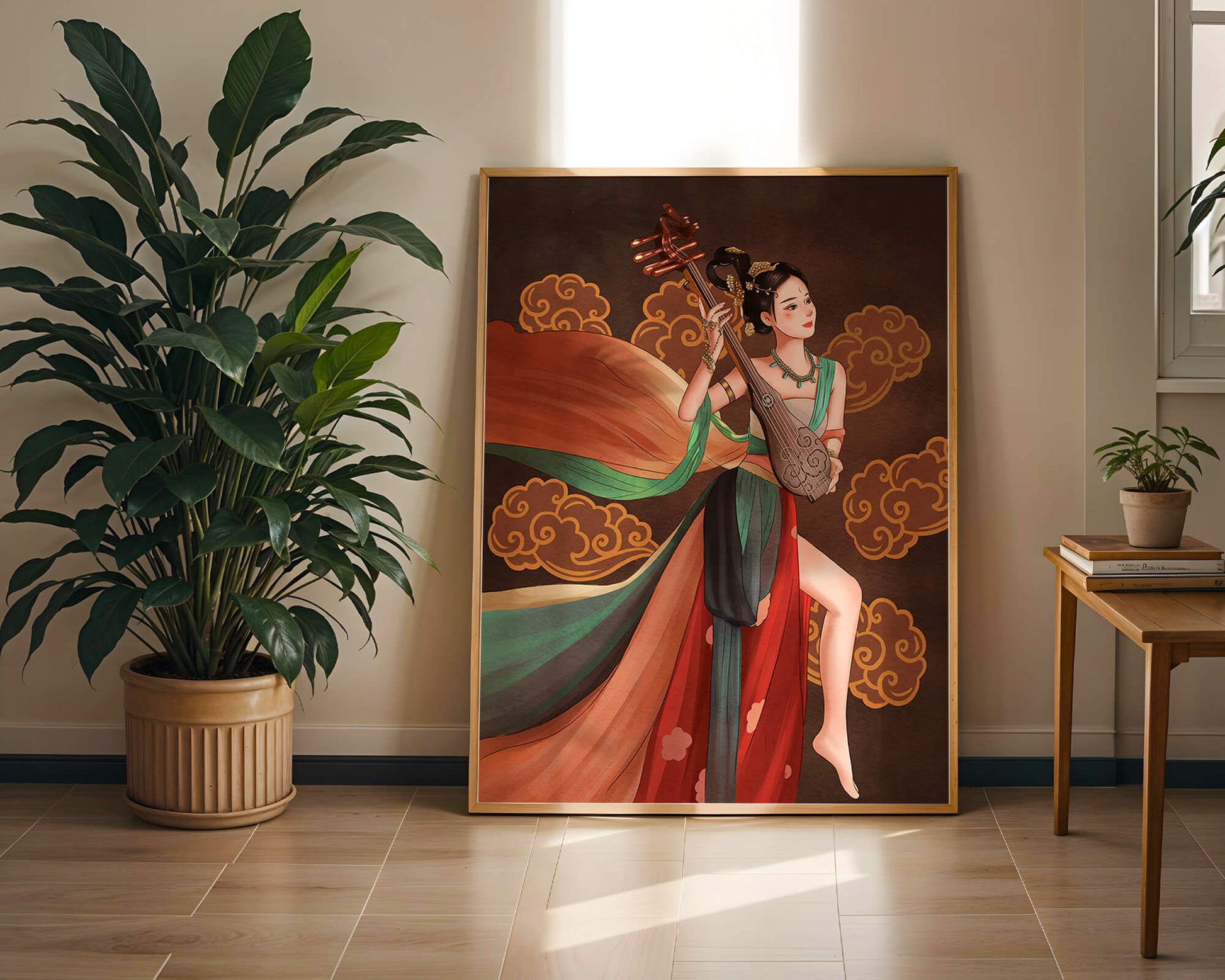 Elegant depiction of a woman playing a traditional string instrument with flowing garments and ornate background