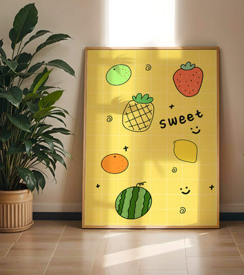 Playful fruit pattern on yellow grid background