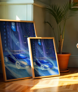 Futuristisches blaues Auto rast durch neonbeleuchtete, verregnete Stadtlandschaft