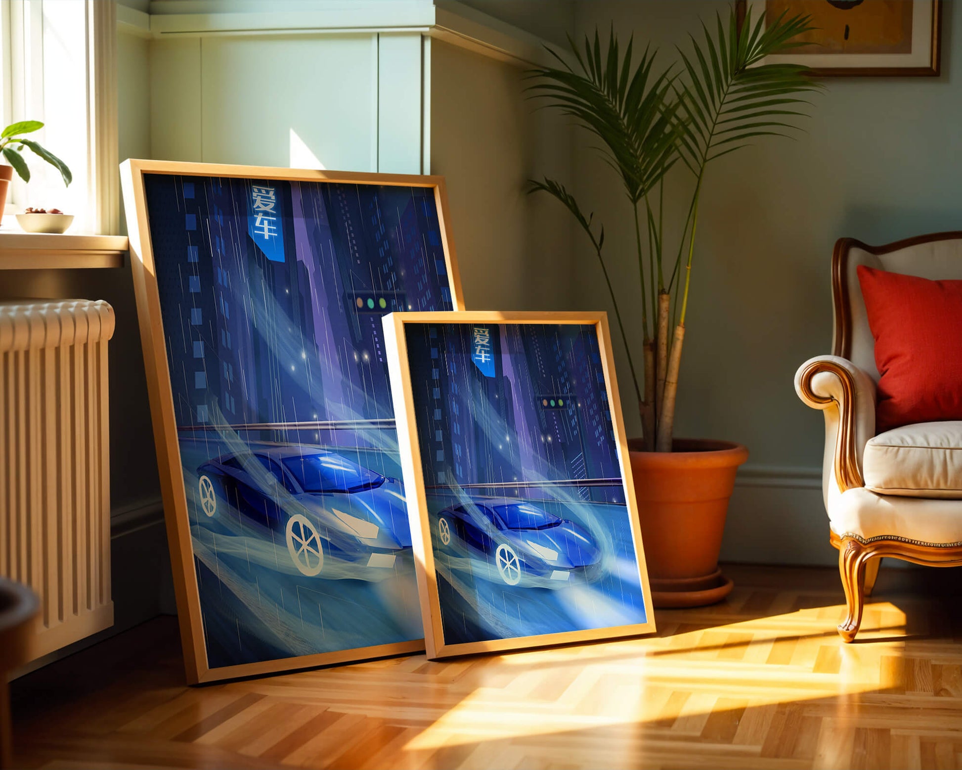 Futuristic blue car speeding through neon-lit rainy cityscape