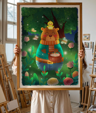 Charming bear in a colorful garden with flowers and fireflies