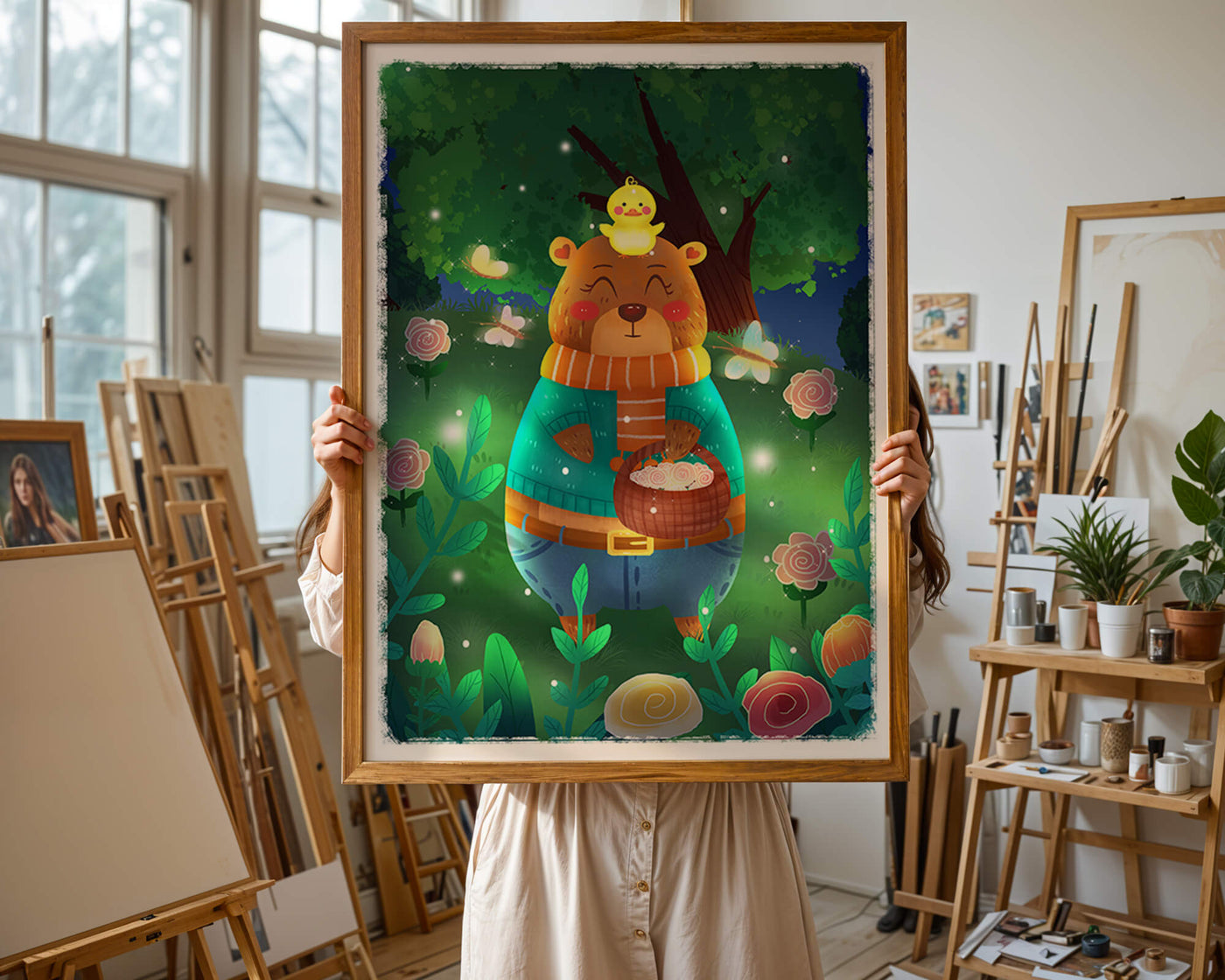 Charming bear in a colorful garden with flowers and fireflies