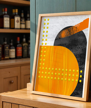 Abstract Geometric Design with Orange, Black, and Gold Elements - Mi tienda
