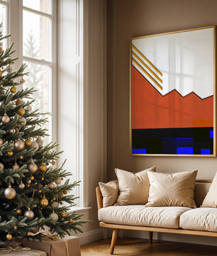 Abstrakte geometrische Komposition mit goldenen Akzenten und kräftigen Farben