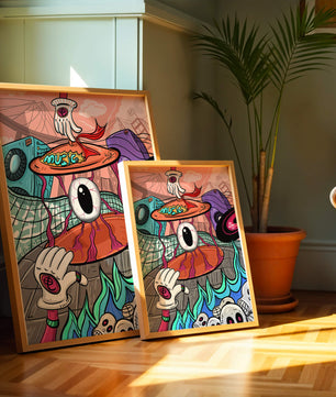 Ilustración abstracta surrealista colorida con un ojo vívido y elementos surrealistas